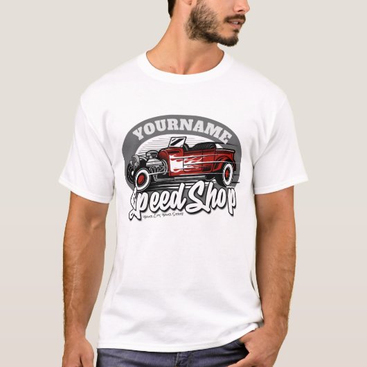 Aangepaste naam Rockabilly Roadster Speed Shop Gar T-shirt (Voorkant)