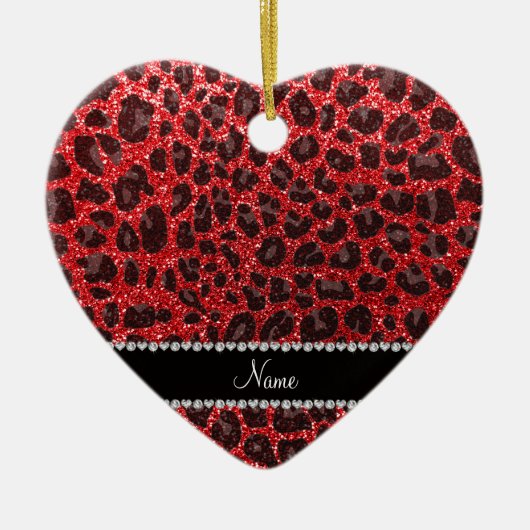 Aangepaste naam rode glitter leopard spots keramisch ornament (Voorkant)