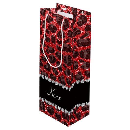 Aangepaste naam rode glitter leopard spots wijn cadeautas (Voorkant Gekanteld)