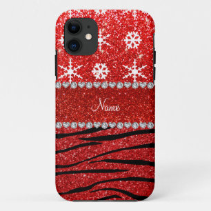Aangepaste naam rode glitter-zebra sneeuwvlokken iPhone 11 hoesje