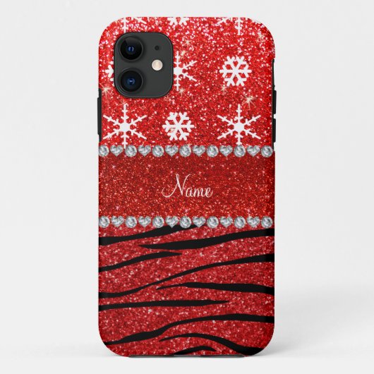 Aangepaste naam rode glitter-zebra sneeuwvlokken Case-Mate iPhone case (Achterkant)