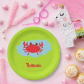 Aangepaste naam rode krab op blauw en groen papieren bordje (Feest)