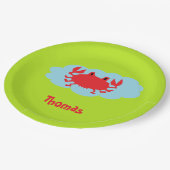 Aangepaste naam rode krab op blauw en groen papieren bordje (Gekanteld)