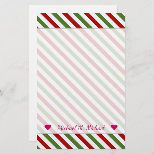 Aangepaste naam + rood, wit en groen, striped patr briefpapier (Voorkant / Achterkant)