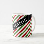 Aangepaste naam + rood, wit en groen, striped patr koffiemok (Voorkant rechts)