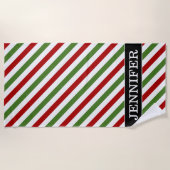 Aangepaste naam + rood, wit en groen, striped patr strandlaken (Voorkant)