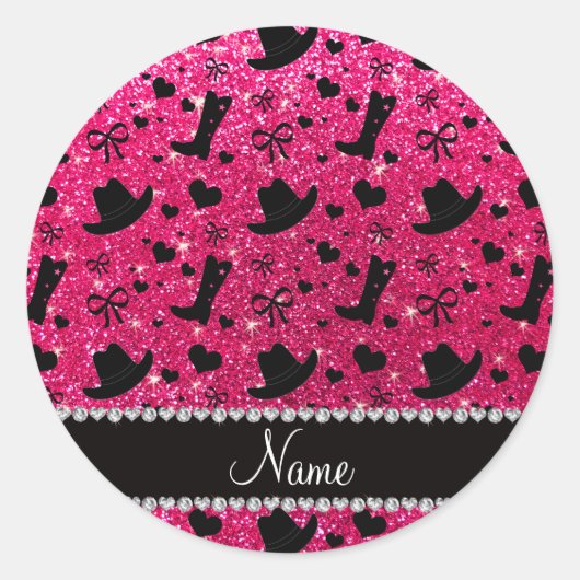 Aangepaste naam roos roze glitter cowboylaarzen pe ronde sticker (Voorkant)