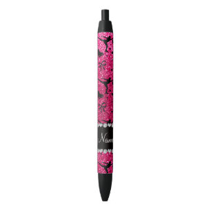 Aangepaste naam roos roze glitter figuurskatting zwarte inkt pen