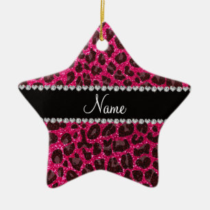 Aangepaste naam roos roze glitter leopard print keramisch ornament