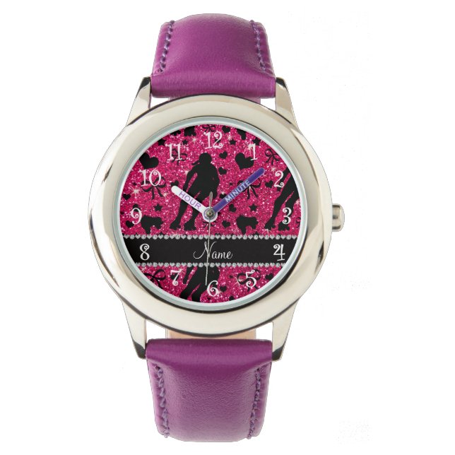 Aangepaste naam roos roze glitter roller derby horloge (Voorkant)
