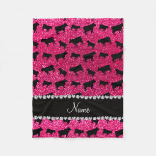 Aangepaste naam roos roze glitterkoeien fleece deken