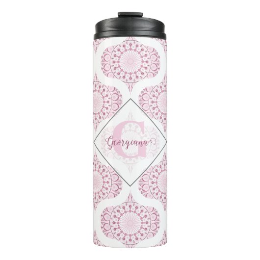 Aangepaste Naam Roze 70s Confetti Lace Mandala Thermosbeker (Voorkant)