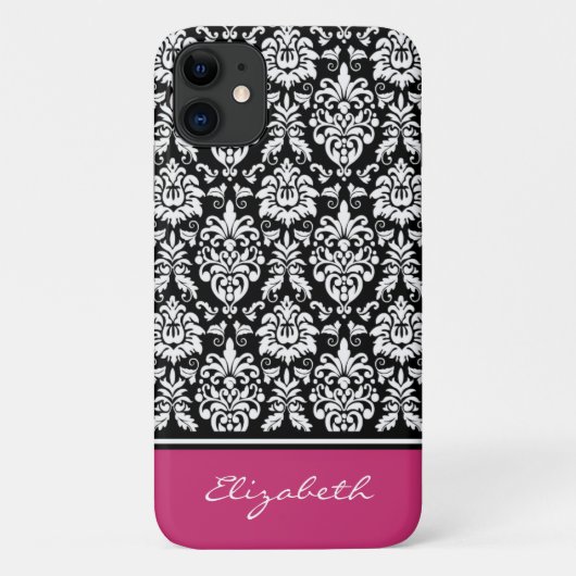 Aangepaste naam Roze Black White Damask Case-Mate iPhone Case (Achterkant)