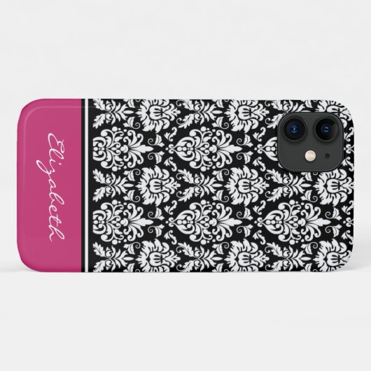 Aangepaste naam Roze Black White Damask Case-Mate iPhone Case (Achterkant (horizontaal))