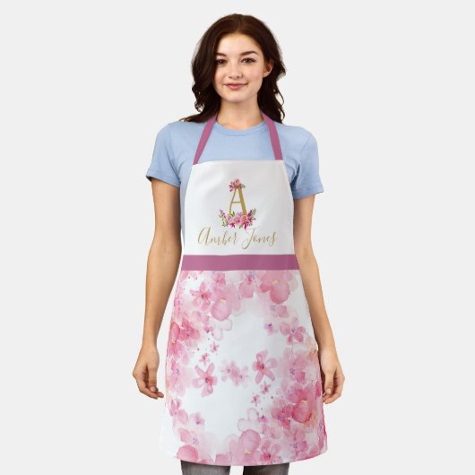 Aangepaste naam roze bloemen bloemen bakken schort (Gedragen)