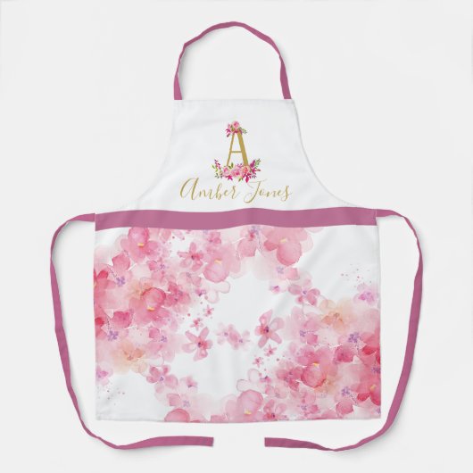 Aangepaste naam roze bloemen bloemen bakken schort (Voorkant)