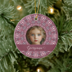 Aangepaste Naam  Roze Bloemen Mandala Foto Lijst Keramisch Ornament