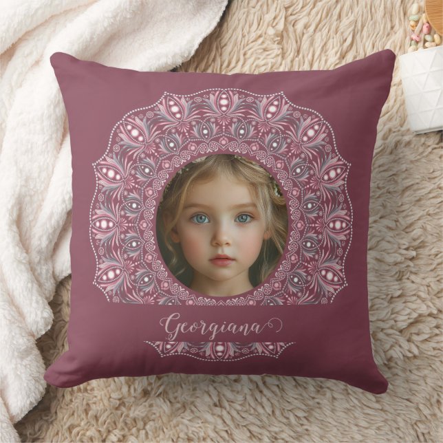 Aangepaste Naam  Roze Bloemen Mandala Foto Lijst Kussen (Deken)