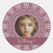 Aangepaste Naam  Roze Bloemen Mandala Foto Lijst Ronde Sticker (Voorkant)