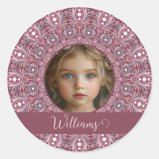 Aangepaste Naam Roze Bloemen Mandala Foto Lijst Ronde Sticker (Voorkant)
