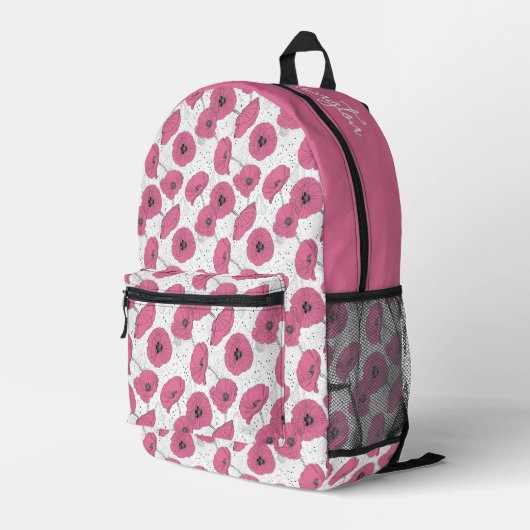 Aangepaste naam Roze Bloemen Patroon Bedrukte Rugzak (Achterkant Hoek Rechts)