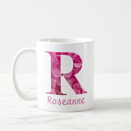 Aangepaste naam roze bloemenalfabet letter "R" Mok (Links)