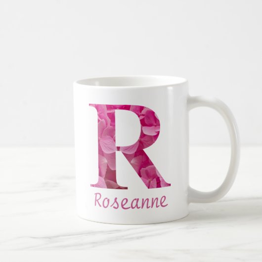 Aangepaste naam roze bloemenalfabet letter "R" Mok (Rechts)