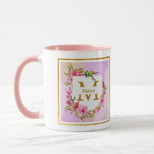 Aangepaste naam roze bloemenaquarel mok (Links)