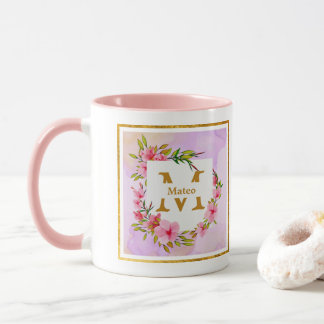 Aangepaste naam roze bloemenaquarel mok