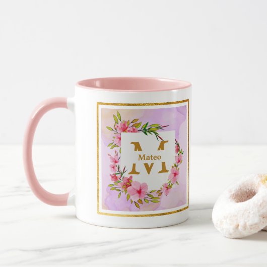 Aangepaste naam roze bloemenaquarel mok (Met donut)