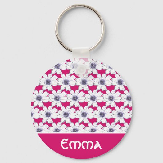 Aangepaste naam Roze bloempatroon Button Belangrij Sleutelhanger (Voorkant)