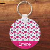 Aangepaste naam Roze bloempatroon Button Belangrij Sleutelhanger (Voorkant)