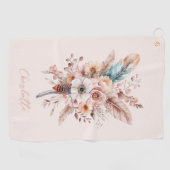 Aangepaste Naam Roze Boho Bloem & Veren Elegant Golfhanddoek (Horizontaal)