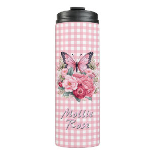 Aangepaste Naam Roze Checkerboard Bloem Thermosbeker