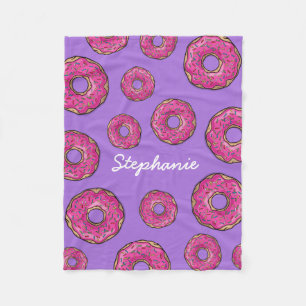 Aangepaste naam Roze Donuts Paars Fleece Deken