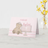 Aangepaste naam Roze Doop Cake Teddybeer en Tiara Kaart (Gele Bloem)