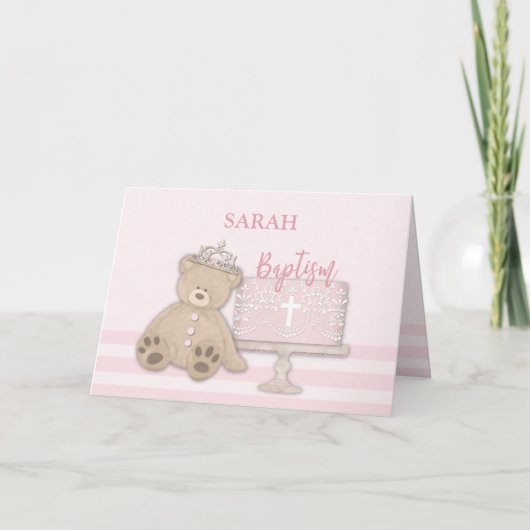 Aangepaste naam Roze Doop Cake Teddybeer en Tiara Kaart (Voorkant)