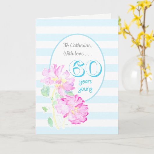 Aangepaste naam Roze en Stripes 60e verjaardag Kaart (Gele Bloem)