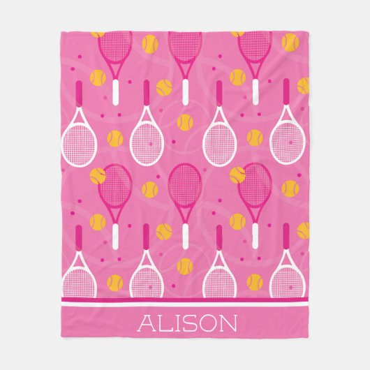 Aangepaste naam Roze en wit tennisracketpatroon Fleece Deken (Voorkant)