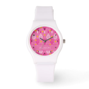 Aangepaste naam Roze en wit tennisracketpatroon Horloge