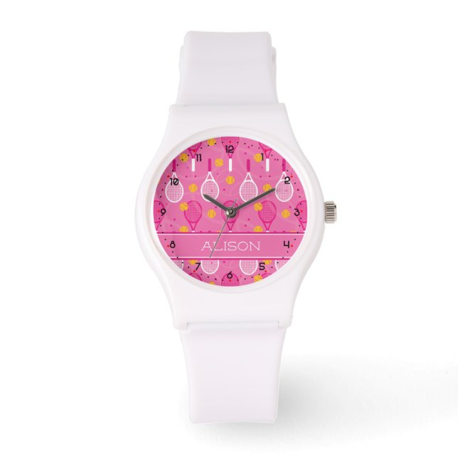 Aangepaste naam Roze en wit tennisracketpatroon Horloge (Voorkant)