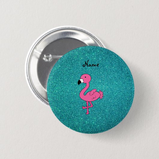 Aangepaste naam roze flamingo turquoise glitter ronde button 5,7 cm (Voorkant /achterkant)
