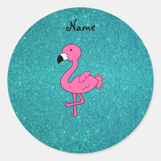 Aangepaste naam roze flamingo turquoise glitter ronde sticker (Voorkant)