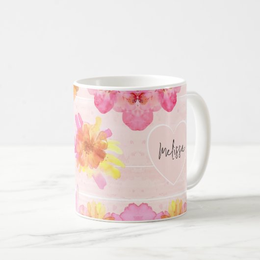 Aangepaste naam Roze Floral-Waterverf Koffiemok (Voorkant rechts)