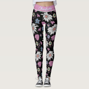 Aangepaste naam roze florale naadloos patroon leggings