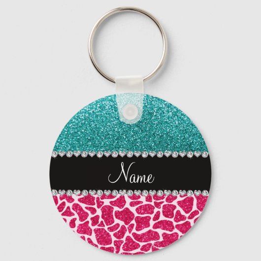 Aangepaste naam roze giraffe turquoise glitter sleutelhanger (Voorkant)