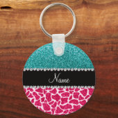Aangepaste naam roze giraffe turquoise glitter sleutelhanger (Voorkant)