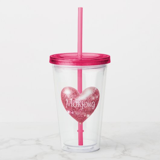 Aangepaste naam Roze Glitter Hart Elegante Mahjong Acryl Drinkbeker (Voorkant)
