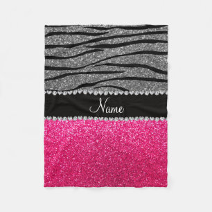 Aangepaste naam roze glitter light grijze zebrastr fleece deken