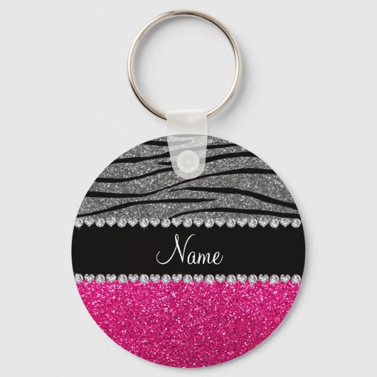 Aangepaste naam roze glitter light grijze zebrastr sleutelhanger (Voorkant)